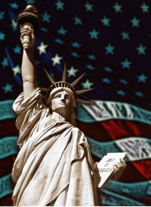 Statue of Liberty and American Flag New York, New York, USA