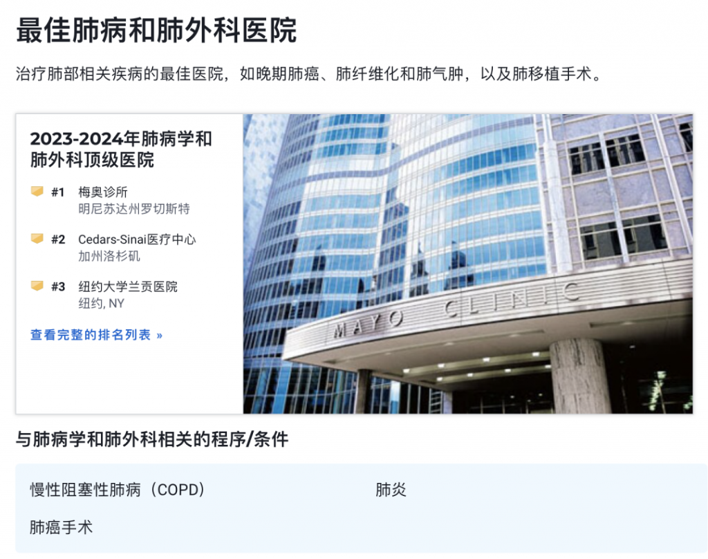 U.S News公布2023-2024年美国最佳医院及15个专科排行榜